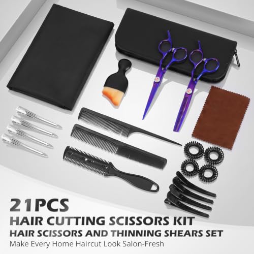 21Pcs 440C Hair Cutting Scissors Kit, Hair Scissors & Thinning Scissors Set Purple
