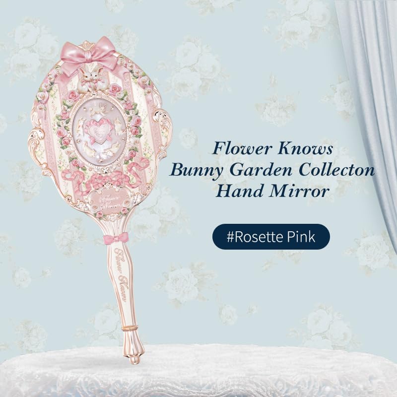 Flower Knows Bunny Garden Hand Mirror, Pink Decorative Makeup Mirror Bunny Garden-rosette Pink 8.4"L x 4.2"W