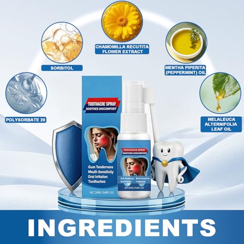 Toothache Relief Spray - Soothes Gum Fast, Improves Dryness, Mint & Chamomile Formula, Portable Oral Care for Adults (0.68FL.OZ/20ML)