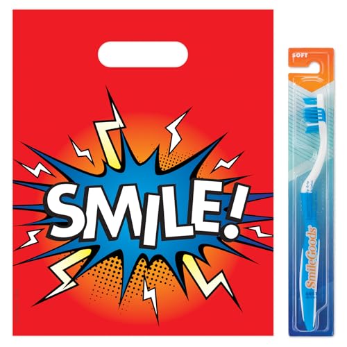 Practicon Electric Smile 8" x 10" Dental Giveaway Bag, Dental Hygiene Patient Care Goodie Bag, Dentist Office Plastic Gift Bags, 100 Pack 8" x 10"