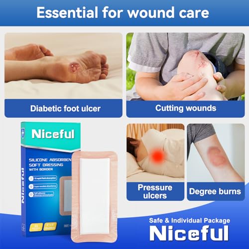 Niceful Super Absorbent Silicone Dressing 4"x8" 15Pcs for Post Surgery 4"x8" (15PCS) Self-Adhesive