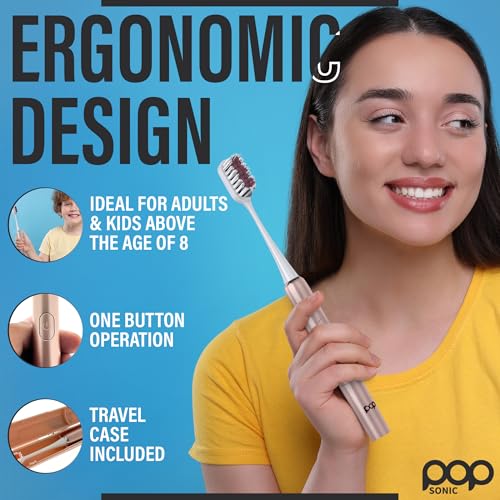 Pop Sonic Go Plus – Rose Gold – Electric Toothbrush for Adults – 2 Speed – Electric Toothbrush – Bathroom Essentials & Travel Essentials – Dupont Nylon Bristles –18000-24000 Strokes/Min w/AAA Battery