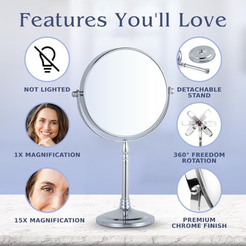 MIRRORVANA 15X / 1X Magnifying Makeup Mirror with Stand, 12" x 6" (Chrome)