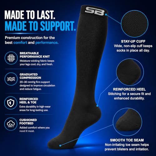 SB SOX Compression Socks for Men & Women (20-30mmHg) Large Solid Black