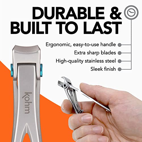KOHM Nail Clippers Set for Thick Nails - Heavy Duty, Wide Mouth Professional Fingernail and Toenail Clippers for Men, Women & Seniors, Silver