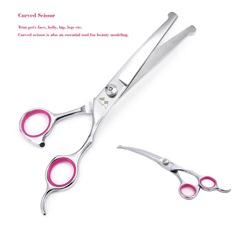 iSeaFly Dog Scissors with Round Tip, 5 in 1 Dog Scissors Set, Stainless Steel Cat Grooming Scissors, Dog Grooming Scissors for Full Body, Face, Nose, Ear (Pink) - BeesActive Australia