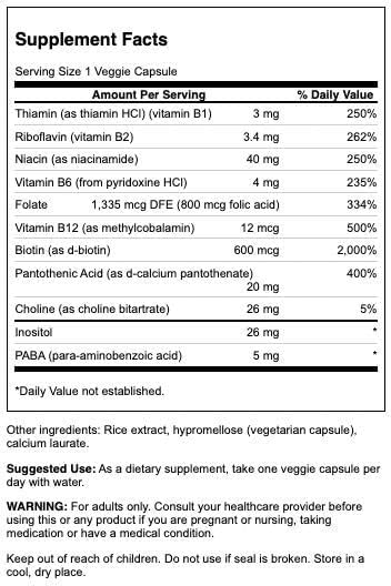 Swanson Daily B-Complex, 8 Essential B Vitamins, 100 Veg Capsules | Full B Vitamin Complex for Nervous, Immune and Cardiovascular Health plus Choline, Inositol and PABA to Support Mood