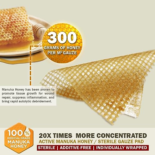 EVERLIT CARE Manuka Honey Dressing | Sterile Non-Adhesive Pads with Unadulterated Medical-Grade Honey | Advanced Healing for Burn, Chronic Wound, Donor Sites, Pressure & Diabetic Ulcer (4" Gauze) 4" Gauze