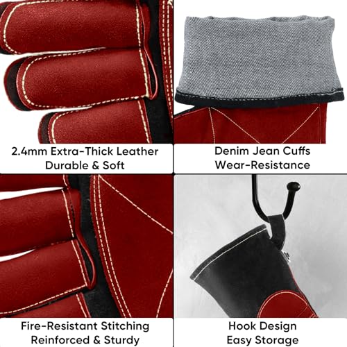 TICONN Welding Gloves, 16 IN L/XL/XXL 1000°F Heat-Resistant Fireproof Leather Gloves for Welders, Stick, Forge, Mig, Tig, BBQ 16" - L Black/Red
