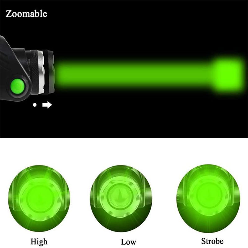 Green LED Headlamp Rechargeable Motion Sensor Super Bright Hunting Headlamps Waterproof Headlamp Flashlight Zoomable 3 Modes Headlight for Hunting Fishing Running