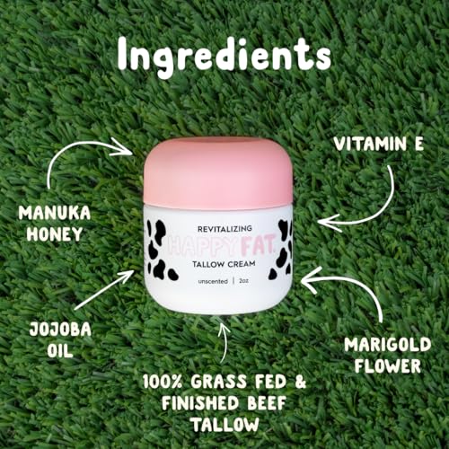 HappyFat Whipped Beef Tallow Moisturizer - USA Made - With Raw Manuka Honey, Organic Jojoba Oil, Marigold Flower, Vitamin E - 100% Grass Fed & Finished - For Sensitive Skin - Unscented 2oz
