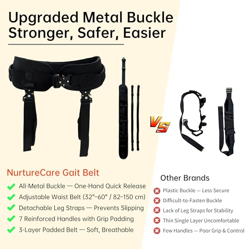 Gait Belt with Handles for Seniors, Metal Buckle, Black, M