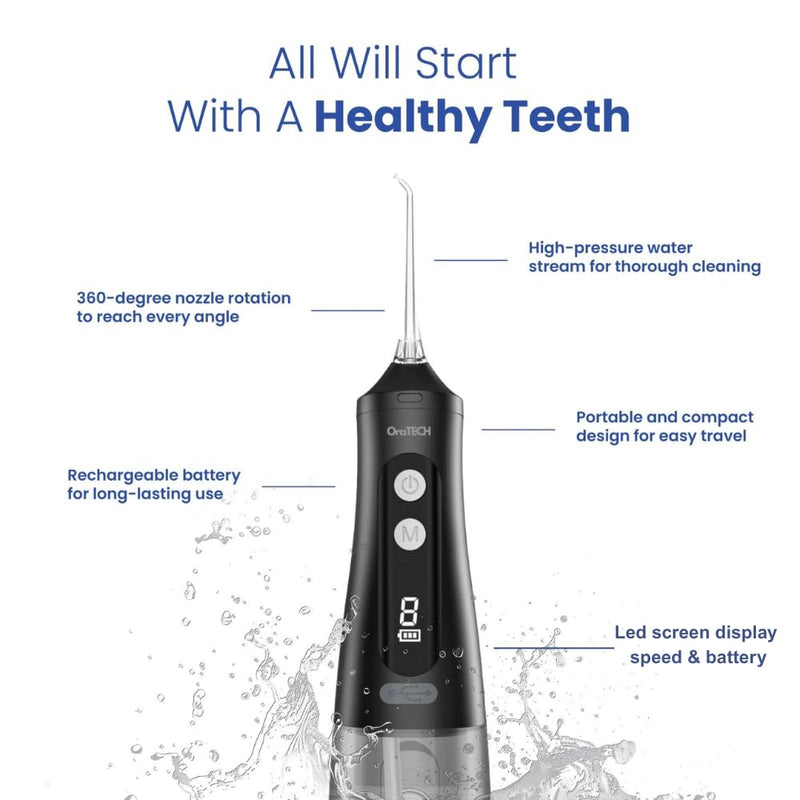 OraTECH Water Dental Flosser, Portable Cordless Oral Irrigator 350ML Rechargeable Travel IPX7 Waterproof Electric Flossing for Teeth Cleaning (Black) Black