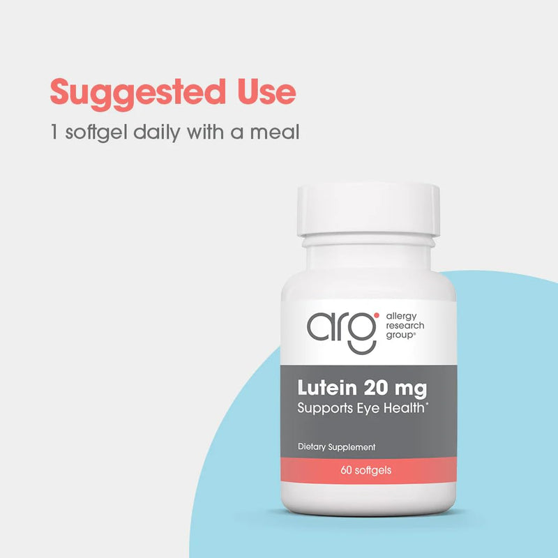 Allergy Research Group ARG Lutein 20 mg Eye Health Carotenoid, 60 Capsules | 20 mg Lutein with 1 mg Zeaxanthin, Carotenoid Antioxidant for Eye Health, Vegetarian and Hypoallergenic