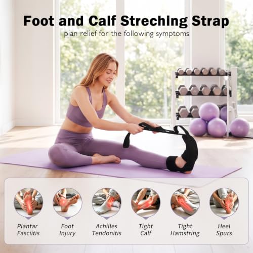 Plantar Fasciitis Night Splint Stretcher, Foot and Calf Streching Strap for Heel Spurs, Foot Drop, Achilles Tendonitis & Hamstring, Yoga Foot & Leg Stretch Strap with Black Massage Ball
