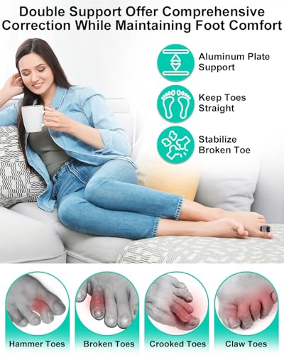 2Pcs Hammer Toe Straightener Broken Toe Splint with Removable Aluminum Plate and 2Pcs Fabric Wraps for Women & Men, Adjustable HammerToe Corrector for Curled & Bent Toe, Broken Support (Large) Large