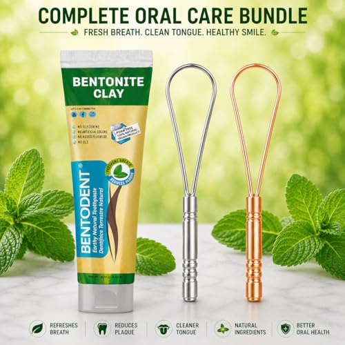 Bentodent Bentonite Clay Toothpaste + Stainless Steel Tongue Scrapers Bundle | Fresh Breath Oral Care Kit | Natural Foam-Free Toothpaste with Silver & Rose Gold Tongue Cleaners