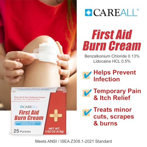 CareALL First Aid Burn Relief Cream 0.9g Packets (Pack of 25) Pain Relieving First Aid Cream for Temporary Relief of Pain from Minor Burns, Cuts, and Scrapes. Prevents Infection