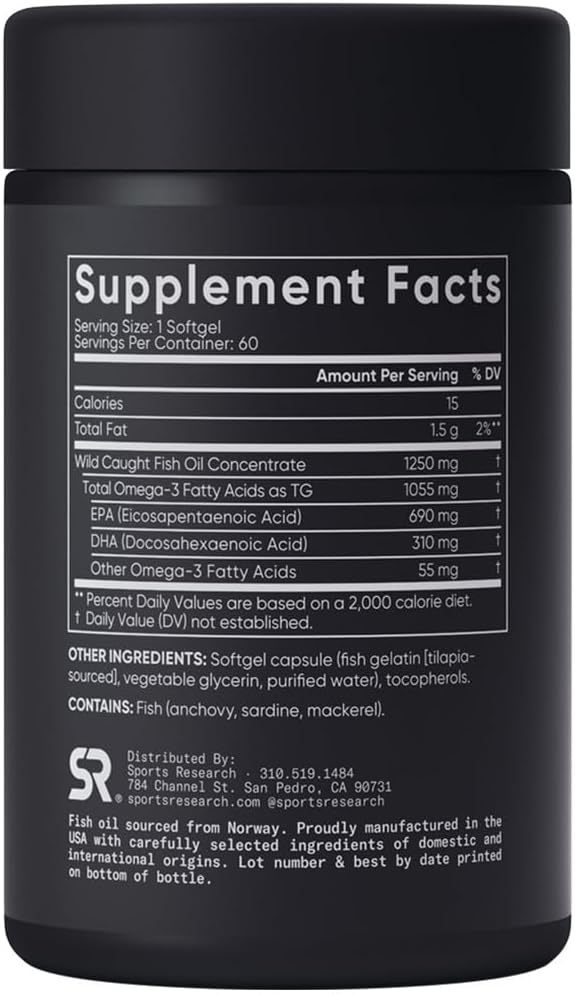 Sports Research, Omega-3 Fish Oil, 3x Ingredients, 1,250 mg, 60 Softgels - BeesActive Australia
