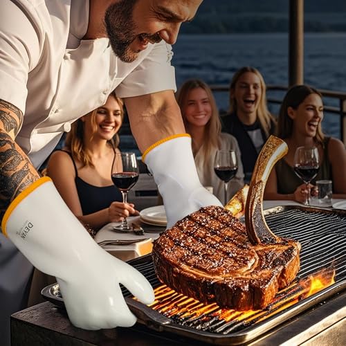 DEYAN Silicone BBQ Grill Gloves, Heat Resistant Oven Mitts,9/L White 9/L