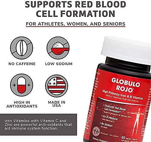 Globulo Rojo Iron Supplement - Dietary Supplement Pills with High Potency Iron & B Vitamins, 60 Tablets 60 Count (Pack of 1)