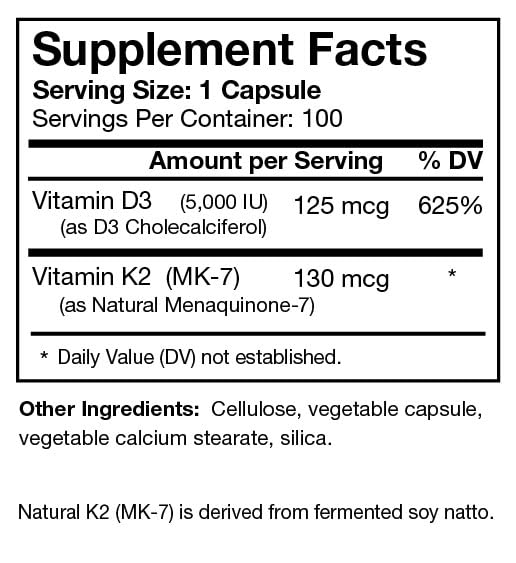 Vitamin D3 5000i Plus 130 mcg Natural K2 (MK-7) - Immune Regulation & Support Supplement - Supports Healthy Immune Function, Bone & Teeth Mineralization, & Heart Health -100 Capsules