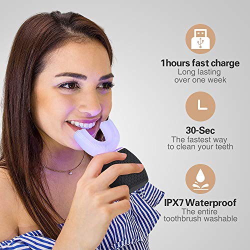Ultrasonic Automatic Toothbrush, Ultrasonic U-Shaped Toothbrushes for Adult, 360° Mouth Cleaning, Electric ToothBrush with Automatic Timer, Wireless Charging Teethbrush Kit for Travel Or Home (Black) Black