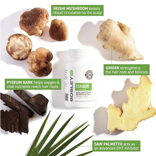 BosleyMD Men & Women DHT Blocking Hair Supplement, Thicker Fuller Hair with DHT·7 Blend, Saw Palmetto, Reishi Mushroom, Green Tea Extract, Nettle Leaf, Dandelion Root & Pygeum Bark, 60 Capsules Men's and Women's Dht Blocking Supplement
