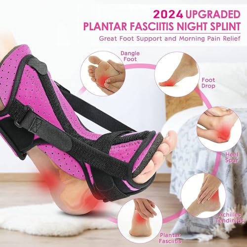 Plantar Fasciitis Night Splint: Upgraded Brace with Soft Memory Foam Pad | Ankle Brace for Plantar Fasciitis Relief Achilles Tendonitis Relief Foot Drop Heel Arch Pain Rose Red