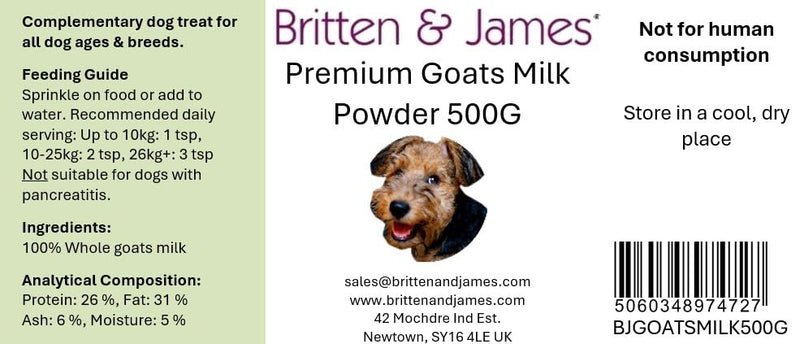 100% Natural Whole Goats Milk Powder for Dogs by Britten and James. Nutrient-Rich Boost, Improves Dogs' Hydration, Appetite, Gut Health and Immunity. High Calcium and Vitamins. For All Ages (500g) 500g
