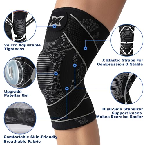 2pc Knee Brace for Women Men,Adjustable Support Strap knee pads with Side Stabilizers & Patella gel,Stretch breathable compression sleeve for men women Knee Pain Relief Athletics Daily Use Large black