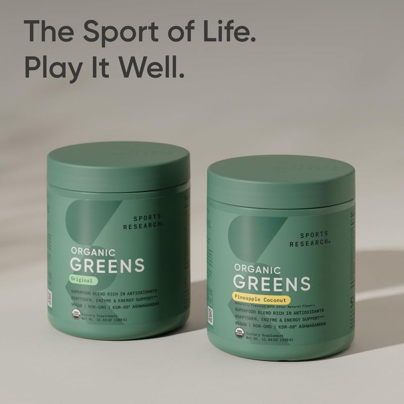 Sports Research® Organic Greens Superfood Powder, 11.6oz Pineapple Coconut | Superfood Powder w/ Spirulina, Adaptogens, Probiotics & 8 B Vitamins | Gut & Mood Support | Vegan, Sugar-Free & Low-Cal 11.64 Ounce (Pack of 1)