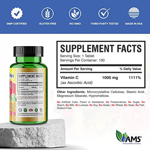 America Medic & Science Rapid-C 1000mg Vitamin C Supplement (2 Pack of 100 Tablets) Energy Booster, Daily Immune System Support, Antioxidant | Vegan, Non-GMO Coated Ascorbic Acid for Adult Men & Women 100 Count (Pack of 2)