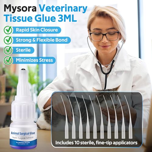 Veterinary Surgical Skin Glue, Strong Surgical Adhesive with 10 Precise Applicators, Blue Tinted Fast Acting Waterproof Wound Closure for Pets Dogs Cats, Pain Free & Stress Free(1 Pack,3ml) 1 3ml