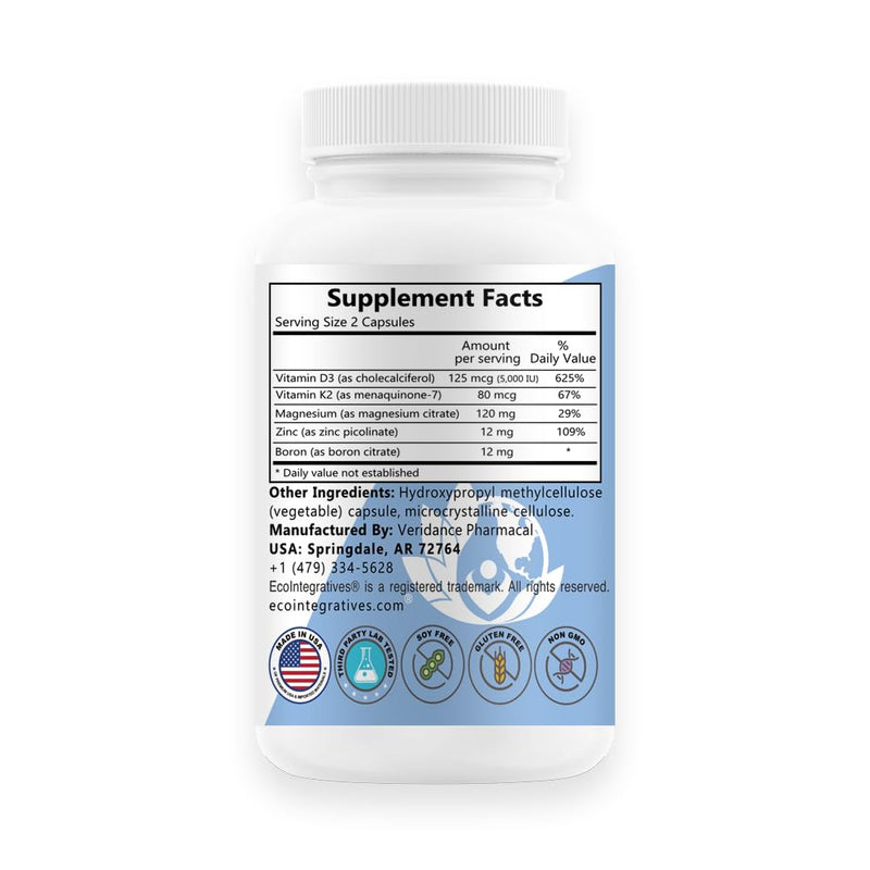 D3 Plus Boron Vitamin K2 Magnesium Zinc, 60 Veggie Capsules | 5-in-1 Mineral Complex for Brain, Bone, Teeth & Gums Health*, Cardiovascular & Muscle Health*, Metabolism*, Non-GMO Formula 60 Count (Pack of 1)