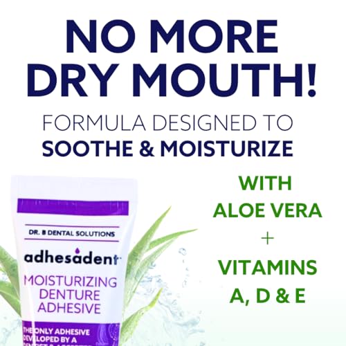 Dr. B Dental Solutions Adhesadent Moisturizing Denture Adhesive - Secure Denture Glue with Strong Grip & Natural Taste - Zinc-Free Dental Adhesive for Dentures, Overdentures - 2.4 oz (2 Pack)