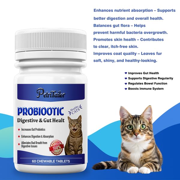 Probiotics for Cats – Digestive Enzymes with Prebiotics for Gut Health, Constipation & Diarrhea Relief, Immune & Itch Support