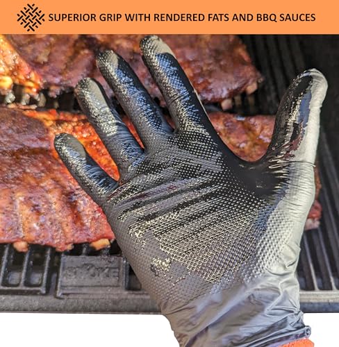 Black Disposable BBQ Grill Gloves Kit - 50 Heavy Duty Textured Grip and 2 Heat Resistant Reusable Liners Meat Pulling Large Full Palm & Finger Texture
