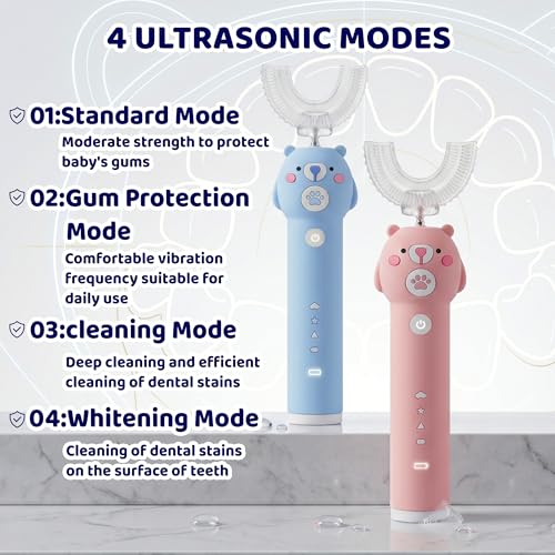 Kids Electric Toothbrush, with 4 Cleaning Modes, with 4 Brush Heads, Toddler U Shaped Toothbrush with 2 Soft Brush Head，Cartoon Bear 360-Degree Cleaning IPX7 Waterproof Design (Ages 2-16) Blue