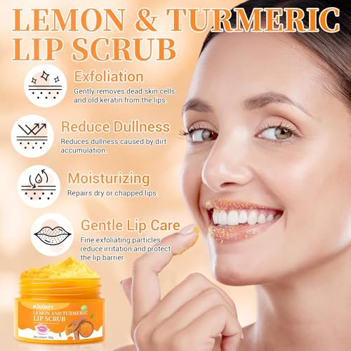 Lemon Turmeric Lip Scrub with Brush Set - lip Scrubber Exfoliator for Dark, Dry, Chapped LiPs, Reduce Fine Lines - Hydrating Moisturizing Lip Care for Instantly Smooth, Soft Lips 2.5 Ounce (Pack of 2)