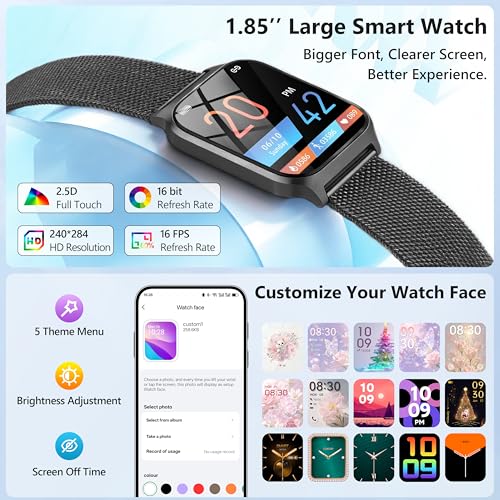 Smart Watch, 1.85" Smart Watches Women Men Make/Answer Call, Heart Rate/Blood Pressure/Sleep Monitor, 110+Sports Modes, Voice Control, Waterproof Fitness Watch Compatible for Android & iPhone Stainless Black