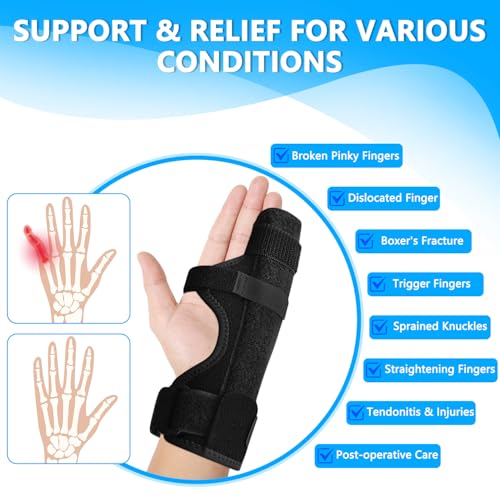 Pinky Finger Splint for Boxer Fractures, Metacarpal Finger Splints Ring & Little Finger Brace, Hand Brace with 2 Splints for Tendonitis, Arthritis, Injury, Fracture, Broken (One Size, Left & Right)