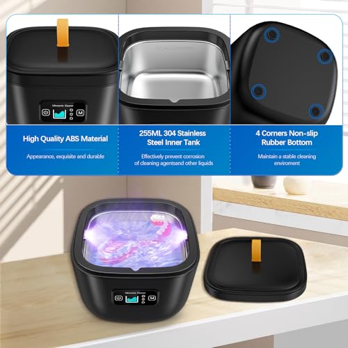 Retainer Cleaner Machine - Raccomb 45kHz LED Light Cleaner for Dentures, Aligner, Mouth Guard, Night Guard Cleaner, 255mL Sonic Cleaning Machine for Jewelry, Dental Appliances