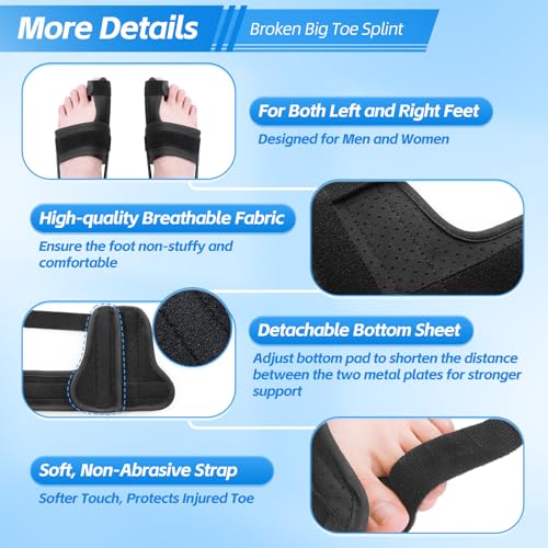 Broken Big Toe Brace Splint, Turf Toe Brace Support for fracture, Broken, Sprains, Arthritis, Women & Men, with 2 Removable Metal Plates - Black Left