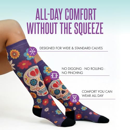 Crazy Compression Over-the-Calf Socks with Fun Designs Large-X-Large Calavera Purple (Wide)