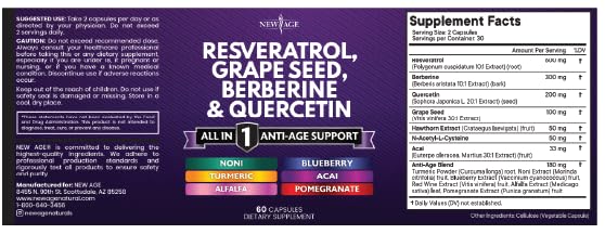 NEW AGE Resveratrol, Berberine, Grape Seed Extract, Quercetin, Polyphenol Supplement for Women and Men with Noni, N-Acetyl Cysteine, Acai - 180 Capsules 180 Count (Pack of 1)