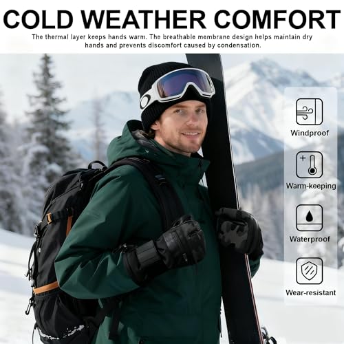 VXW Snowboard &Ski Mittens with Wrist Guard and Leather Palm, Waterproof & Windproof 3M Mittens for Snowboarding Skiing in Extreme Cold Weather X-Large Black