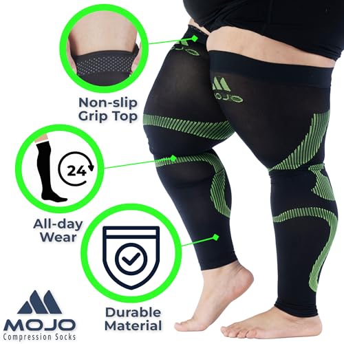 Mojo Compression Socks - 20-30mmHg Graduated Support Thigh-Hi Leg Sleeves with Grip Top - Reduces Swelling, Ideal for Varicose Veins, Lymphedema, DVT Treatment - 1 Pair 3X-Large Black/Green