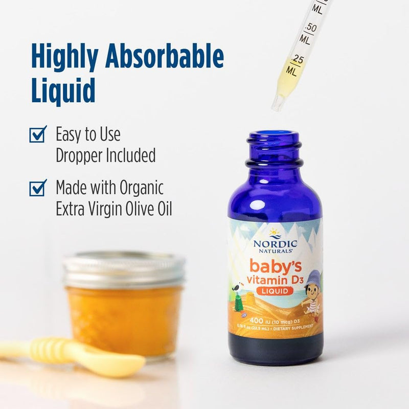 Nordic Naturals Baby Vitamin D Drops, 400 IU D3 for Infants - 0.76 oz | Supports Healthy Bone Development. Immune System Support. Sleep Rhythm Support. Unflavored. Non-GMO. Vegetarian. 90 Servings.