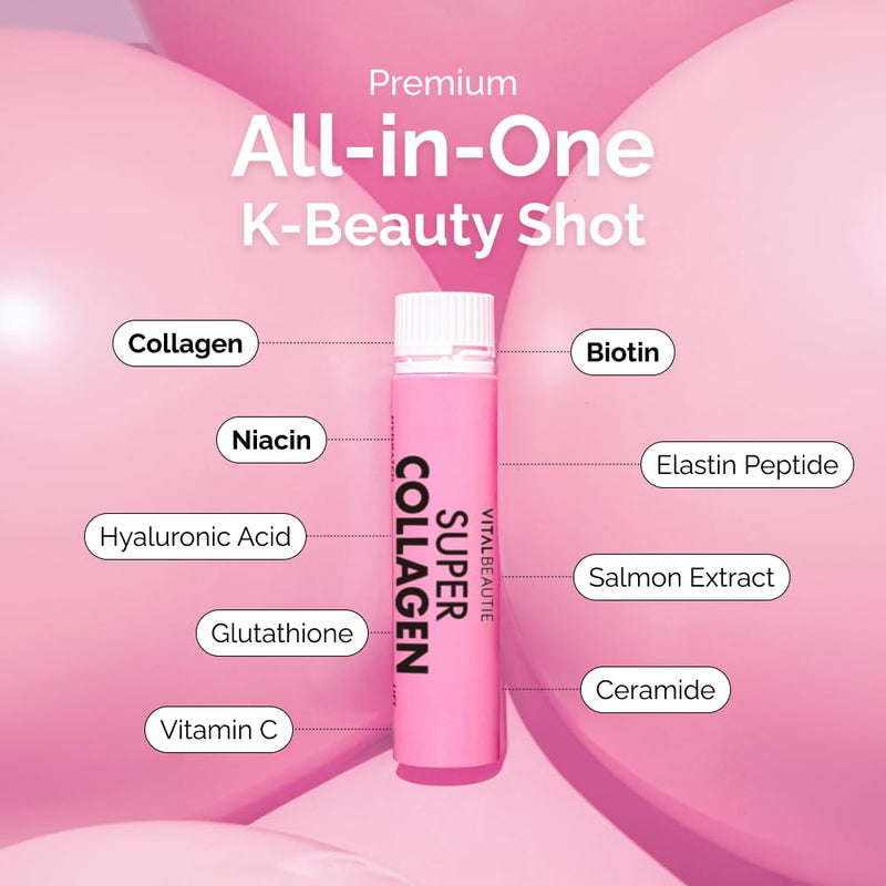 VITALBEAUTIE Super Collagen Drink – 3,500mg Low‑Molecular Fish Collagen (5 Types) – K‑Beauty Liquid Beauty Ampoules, Mixed Berry Flavor (Naturally & Artificially Flavored) – 14 x 25 mL 14 Servings